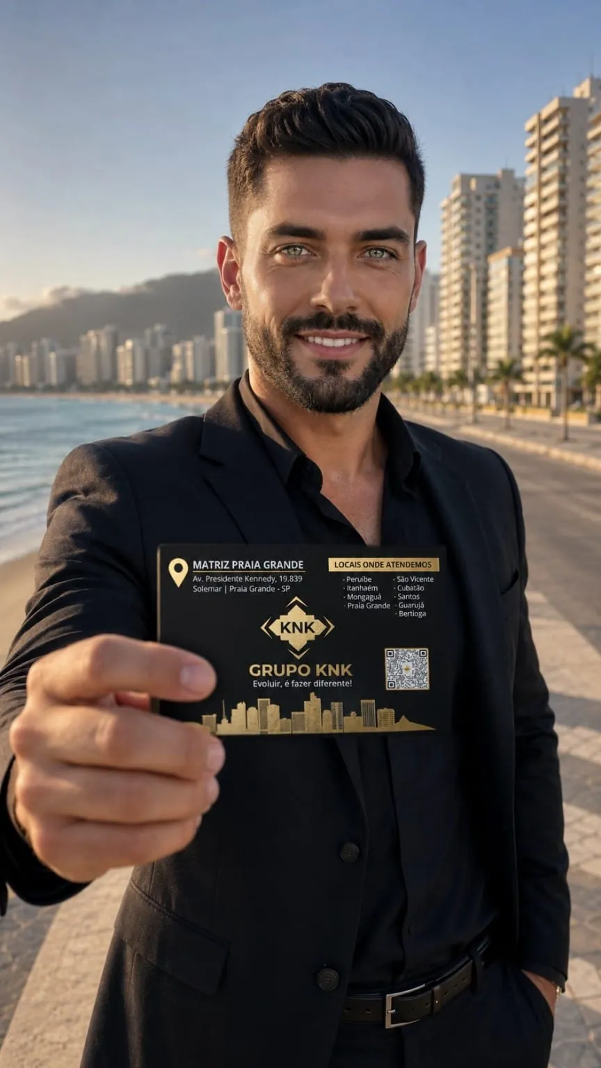 Representante do Grupo KNK na orla da Baixada Santista, com o cartão do grupo em mãos e os edifícios atendidos ao fundo